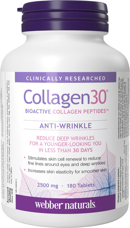 Webber Naturals Collagen30 Anti-Wrinkle – 2,500mg Bioactive Collagen Peptides (180 Tablets) – Non-GMO, Gluten & Dairy Free