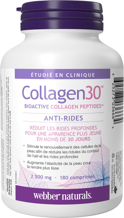Webber Naturals Collagen30 Anti-Wrinkle – 2,500mg Bioactive Collagen Peptides (180 Tablets) – Non-GMO, Gluten & Dairy Free