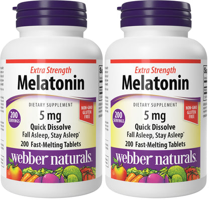 Webber Naturals Extra Strength Melatonin 5 mg – Fast-Melting Sleep Aid, 200-Day Supply (2-Pack), Gluten Free, Non-GMO, Vegetarian