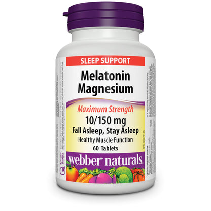 Webber Naturals Melatonin Magnesium 10/150 mg – Maximum Strength, 60 Tablets | Sleep Support, Muscle Function, Relaxation | Vegan