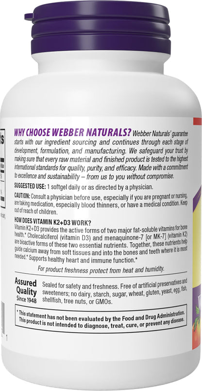 Webber Naturals Vitamin K2 MK-7 120 mcg + Vitamin D3 1000 IU - 90 Softgels | Gluten Free, Non-GMO | Pack of 2