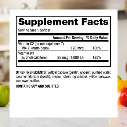 Webber Naturals Vitamin K2 MK-7 120 mcg + Vitamin D3 1000 IU - 90 Softgels | Gluten Free, Non-GMO | Pack of 2