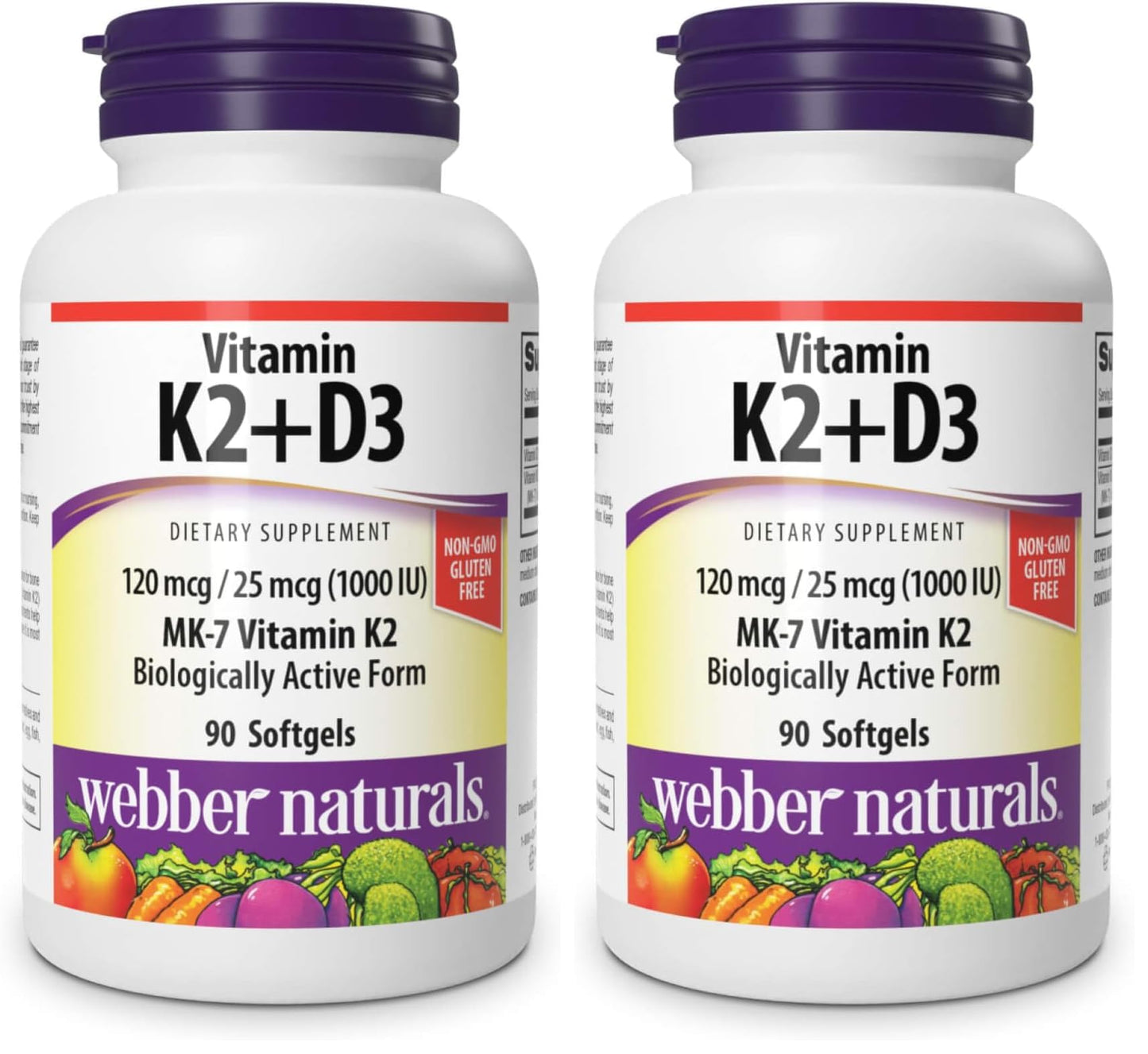 Webber Naturals Vitamin K2 MK-7 120 mcg + Vitamin D3 1000 IU - 90 Softgels | Gluten Free, Non-GMO | Pack of 2
