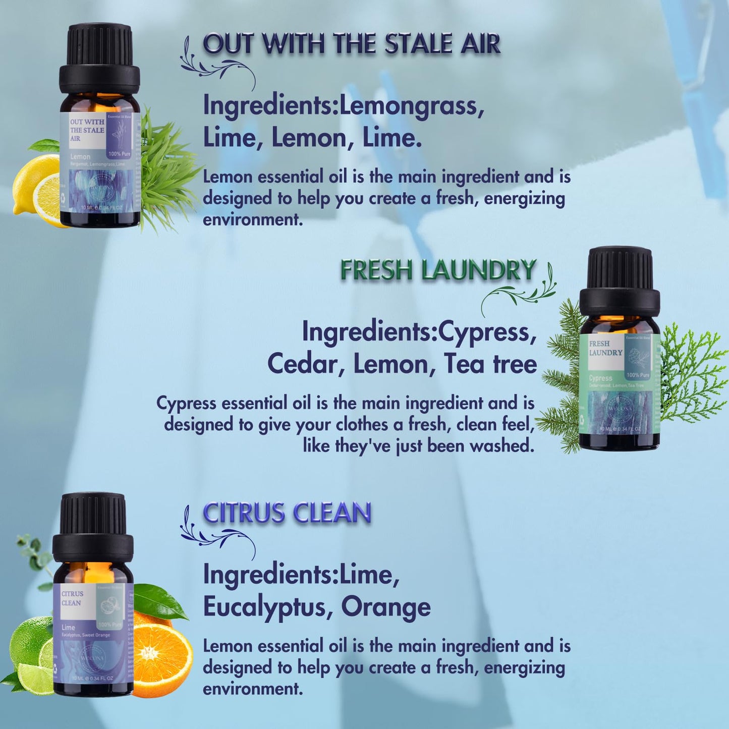 Wecona Essential Oils for Laundry - 6x10ml Clean Linen (100% Pure)