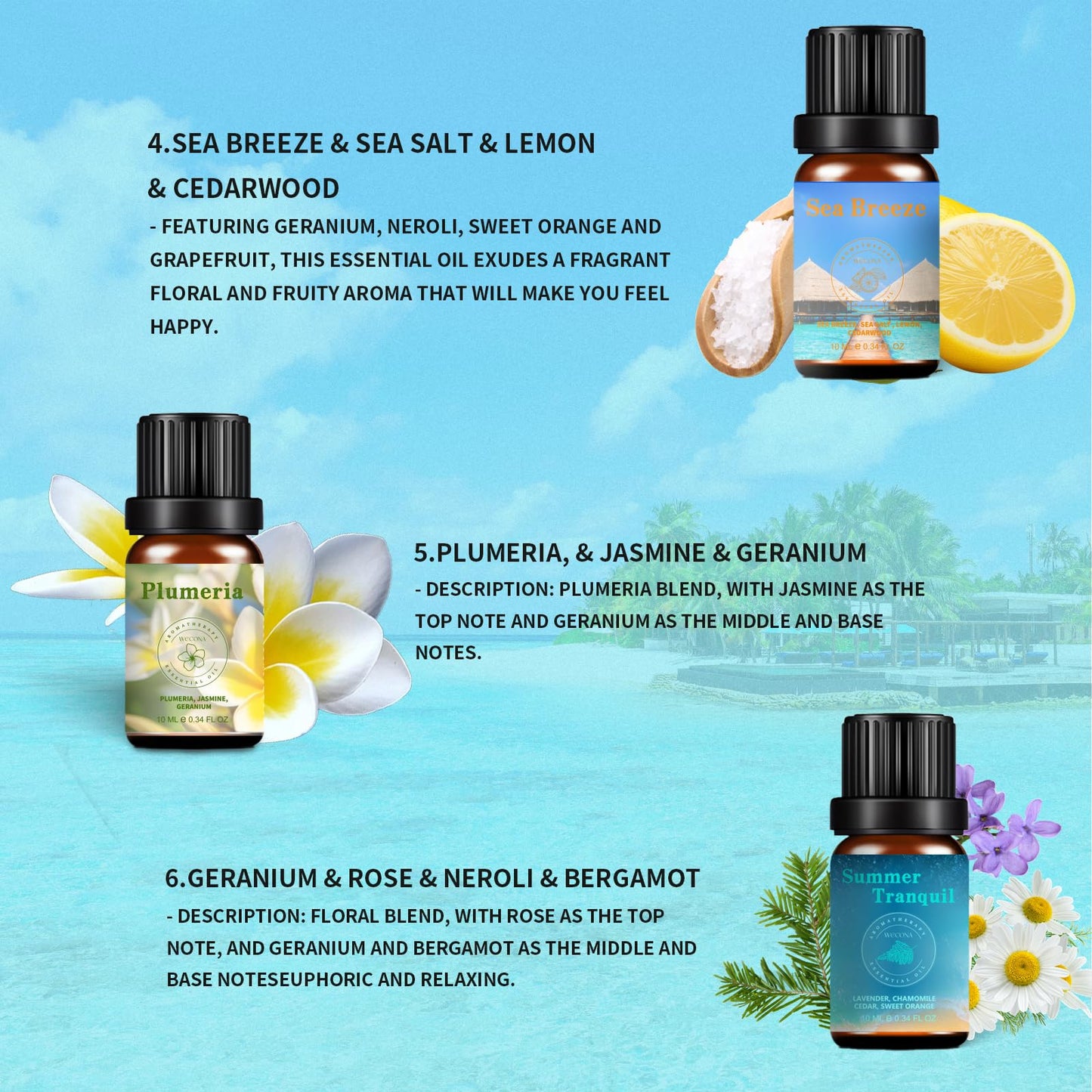 Wecona Summer Essential Oil Set – 6x10ml Fragrance Oils for Candles, Diffusers, Soap Making