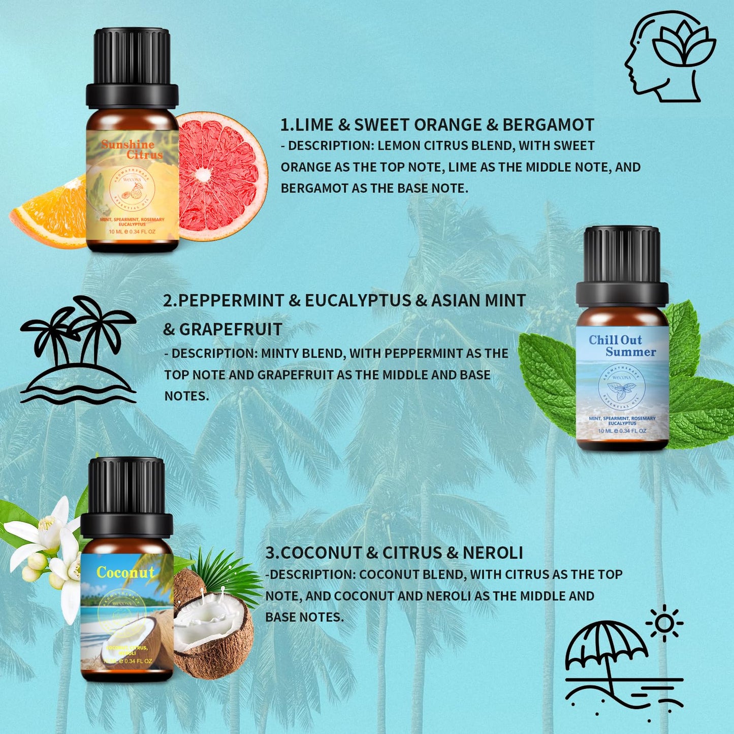 Wecona Summer Essential Oil Set – 6x10ml Fragrance Oils for Candles, Diffusers, Soap Making
