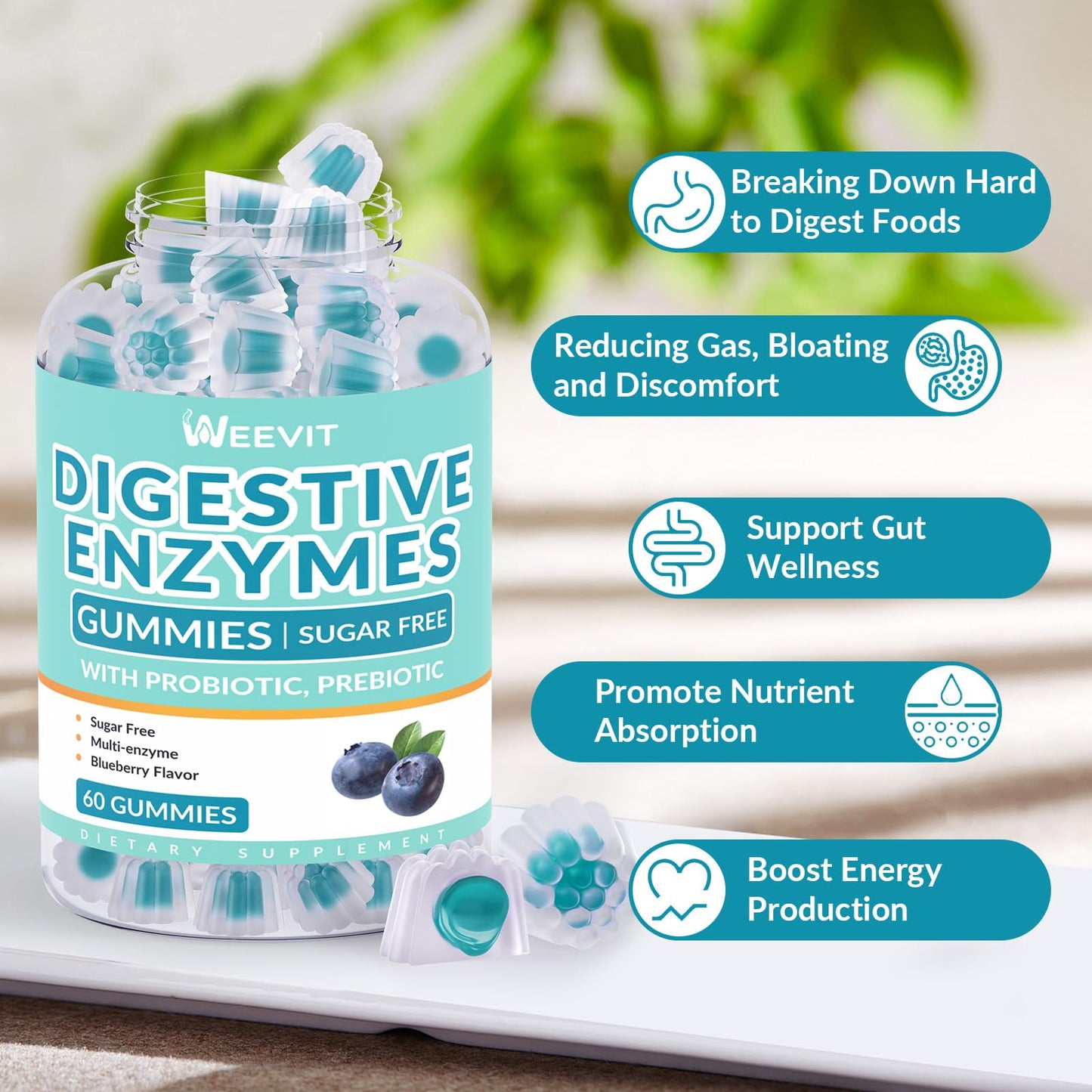 WEEVIT Digestive Enzymes Gummies – Sugar Free, Vegan Probiotic & Prebiotic Blend