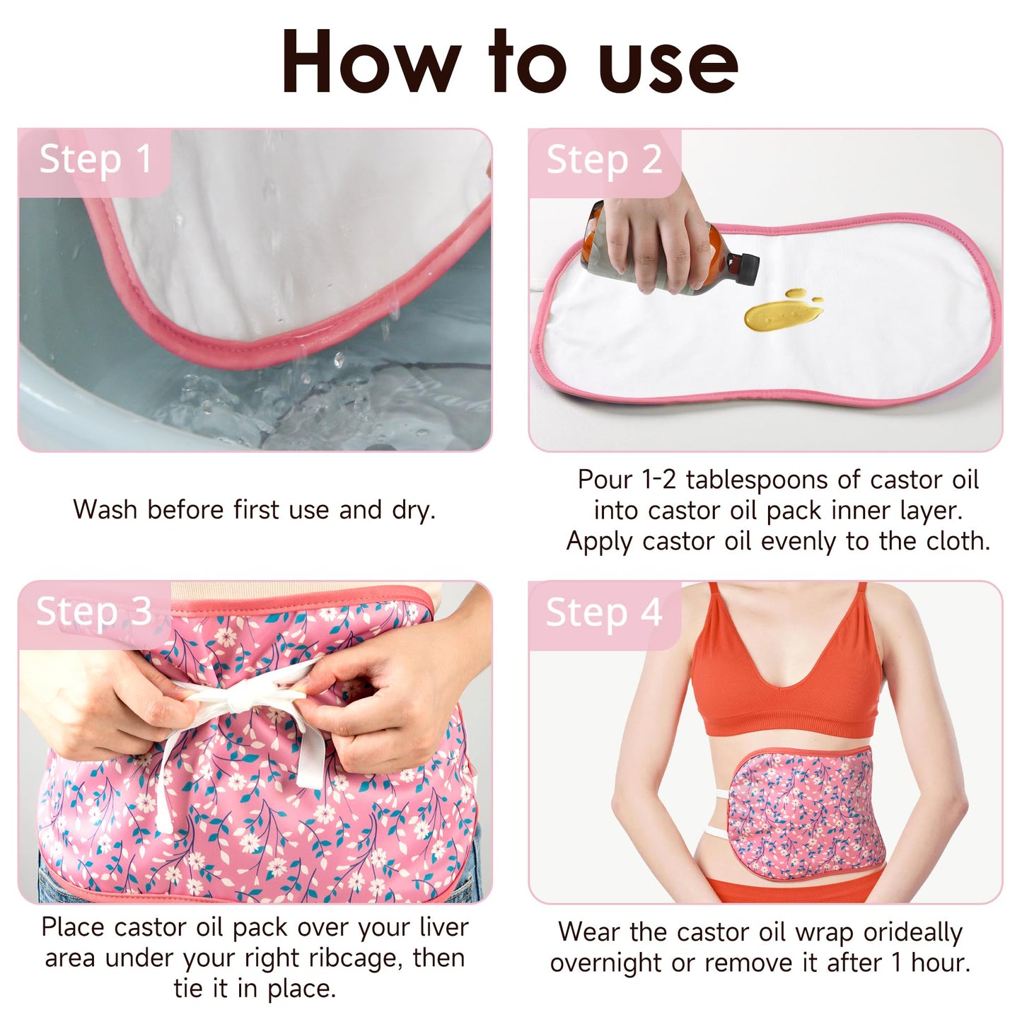 Wegreeco Castor Oil Pack Wrap – Reusable, Adjustable, Pink Flowers (Oil Not Included)