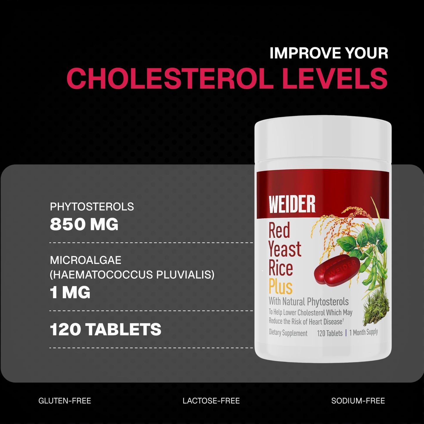 Weider Red Yeast Rice Plus 1200mg with 850mg Phytosterols | Gluten Free, 1-Month Supply