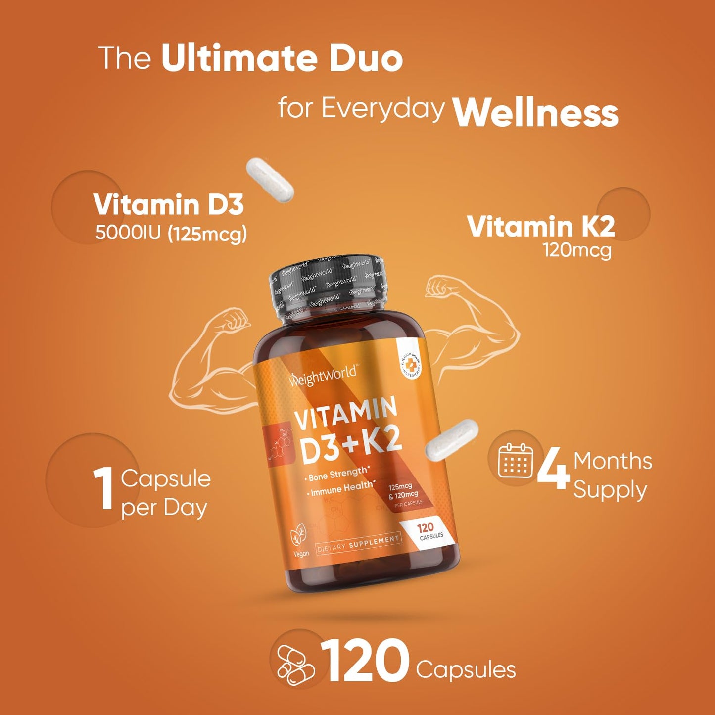 WeightWorld Vegan Vitamin D3 K2 – 120 Capsules, 5000 IU D3 & 120 mcg K2 MK7
