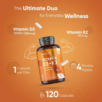 WeightWorld Vegan Vitamin D3 K2 – 120 Capsules, 5000 IU D3 & 120 mcg K2 MK7