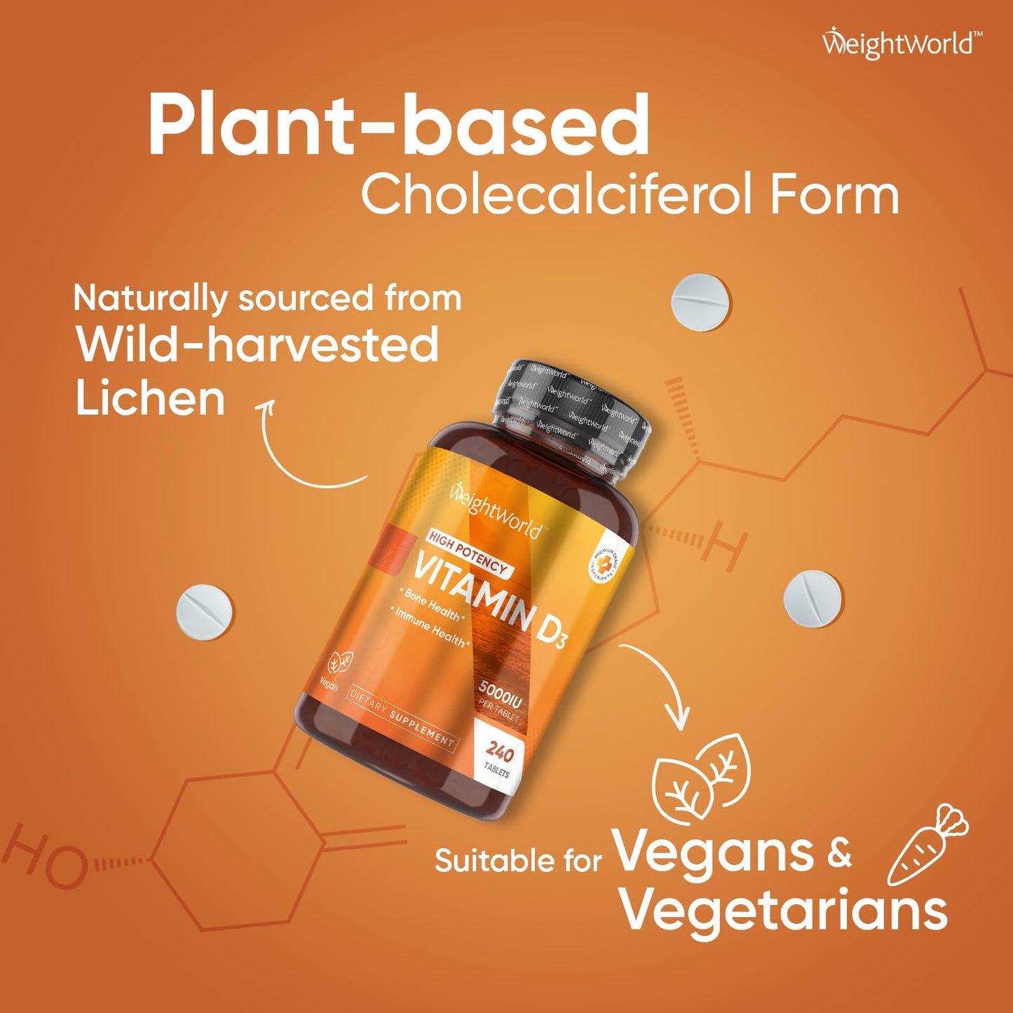 WeightWorld Vegan Vitamin D3 5000 IU – Wild-Harvested Lichen D3, 240 Tablets, Gluten & Allergen Free
