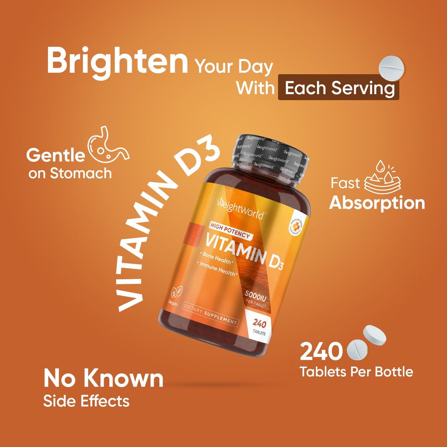 WeightWorld Vegan Vitamin D3 5000 IU – Wild-Harvested Lichen D3, 240 Tablets, Gluten & Allergen Free