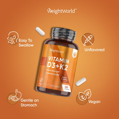 WeightWorld Vegan Vitamin D3 K2 – 120 Capsules, 5000 IU D3 & 120 mcg K2 MK7