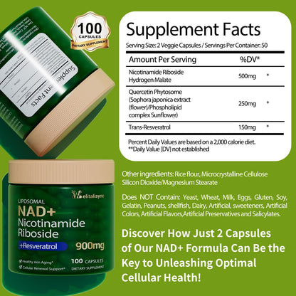 Welitalisync Premium NAD+ Supplement - 900mg NR + Resveratrol, Quercetin | Liposomal, Vegan & Non-GMO