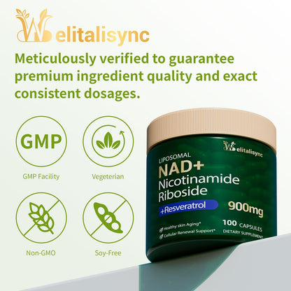 Welitalisync Premium NAD+ Supplement - 900mg NR + Resveratrol, Quercetin | Liposomal, Vegan & Non-GMO