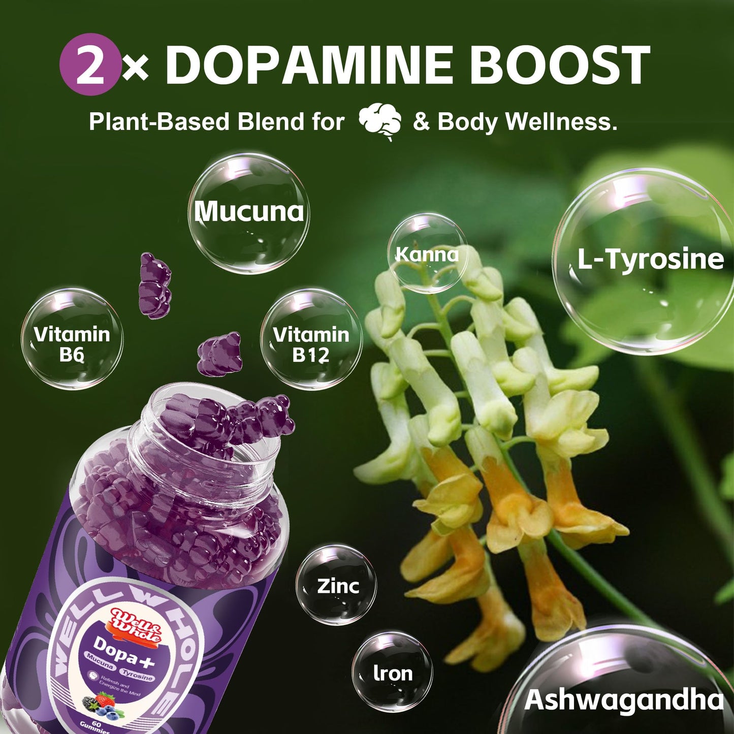 Well&Whole Dopamine Gummies – Mucuna Pruriens 500mg, L-Tyrosine 200mg, Ashwagandha, Berry Flavor, 60ct