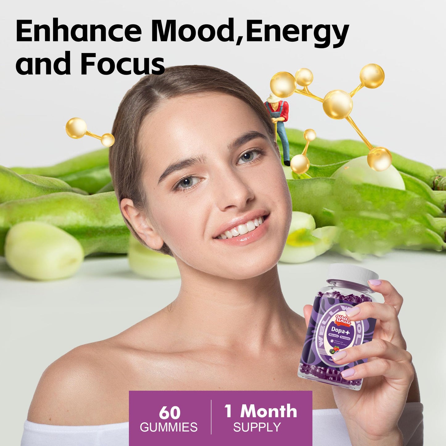 Well&Whole Dopamine Gummies – Mucuna Pruriens 500mg, L-Tyrosine 200mg, Ashwagandha, Berry Flavor, 60ct