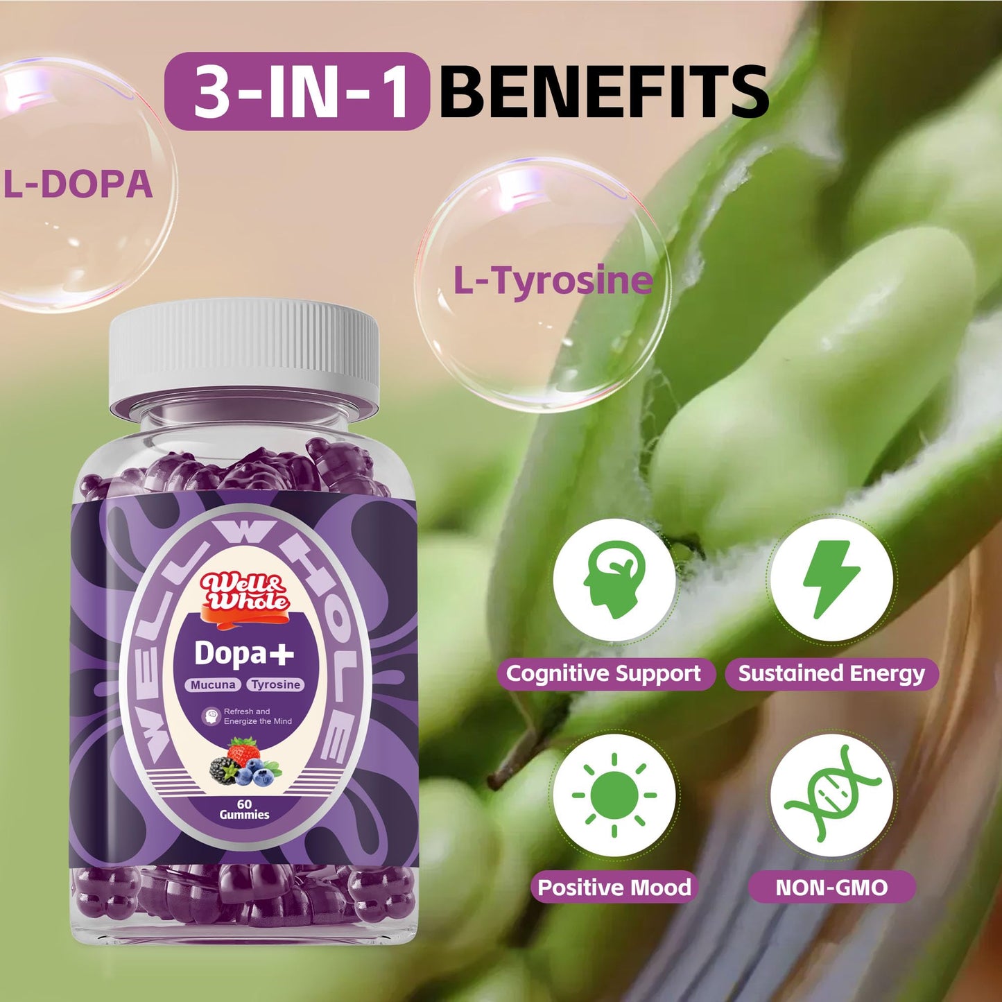 Well&Whole Dopamine Gummies – Mucuna Pruriens 500mg, L-Tyrosine 200mg, Ashwagandha, Berry Flavor, 60ct