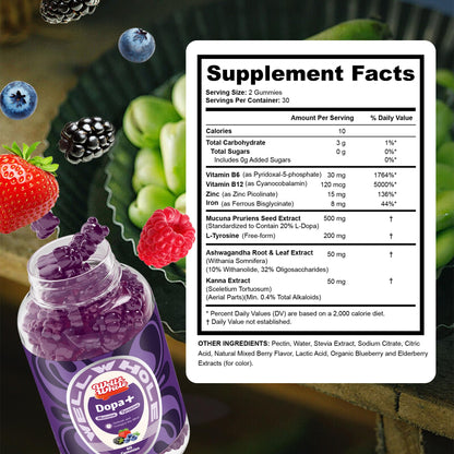 Well&Whole Dopamine Gummies – Mucuna Pruriens 500mg, L-Tyrosine 200mg, Ashwagandha, Berry Flavor, 60ct