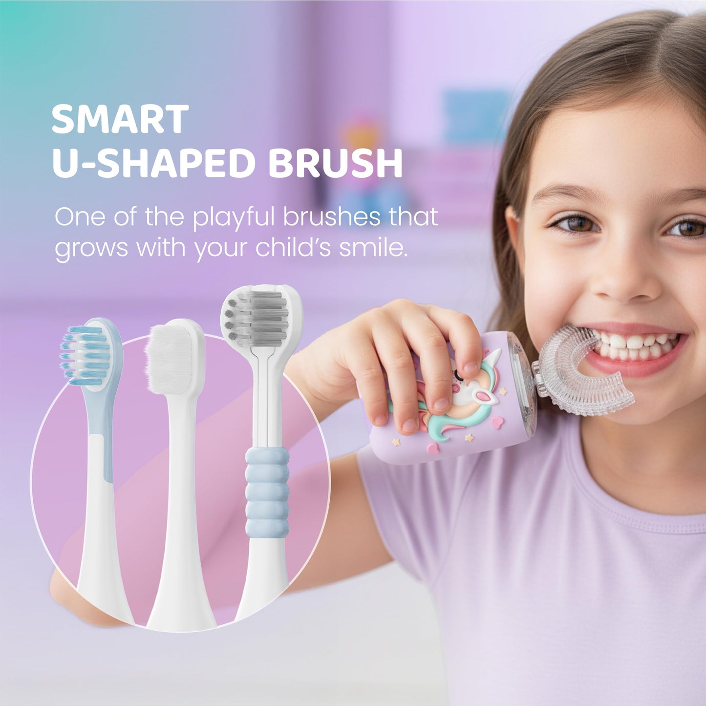 Well Before U-Shaped Ultrasonic Kid's Toothbrush – IPX7, 5 Modes (Unicorn Pink, Ages 2-7)