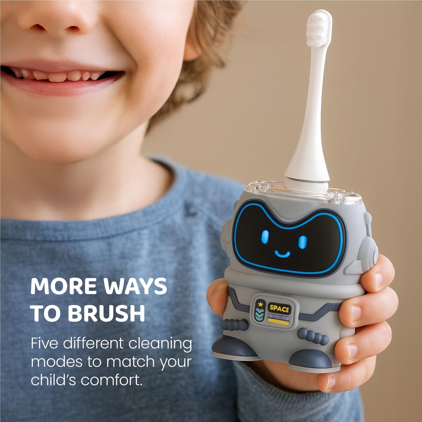 Well Before Ultrasonic Kid's U-Shaped Electric Toothbrush, IPX7 Waterproof, Five Cleaning Modes (Spaceman, Grey Ages 2-7)