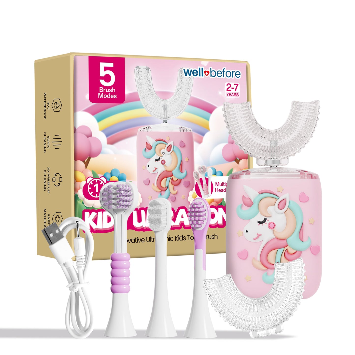 Well Before U-Shaped Ultrasonic Kid's Toothbrush – IPX7, 5 Modes (Unicorn Pink, Ages 2-7)