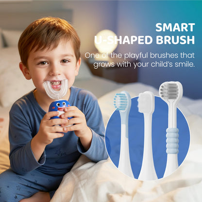 Well Before Ultrasonic Kid's U-Shaped Toothbrush – IPX7 Waterproof, 5 Cleaning Modes (Shark Blue, Ages 2-7)
