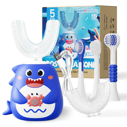 Well Before Ultrasonic Kid's U-Shaped Toothbrush – IPX7 Waterproof, 5 Cleaning Modes (Shark Blue, Ages 2-7)