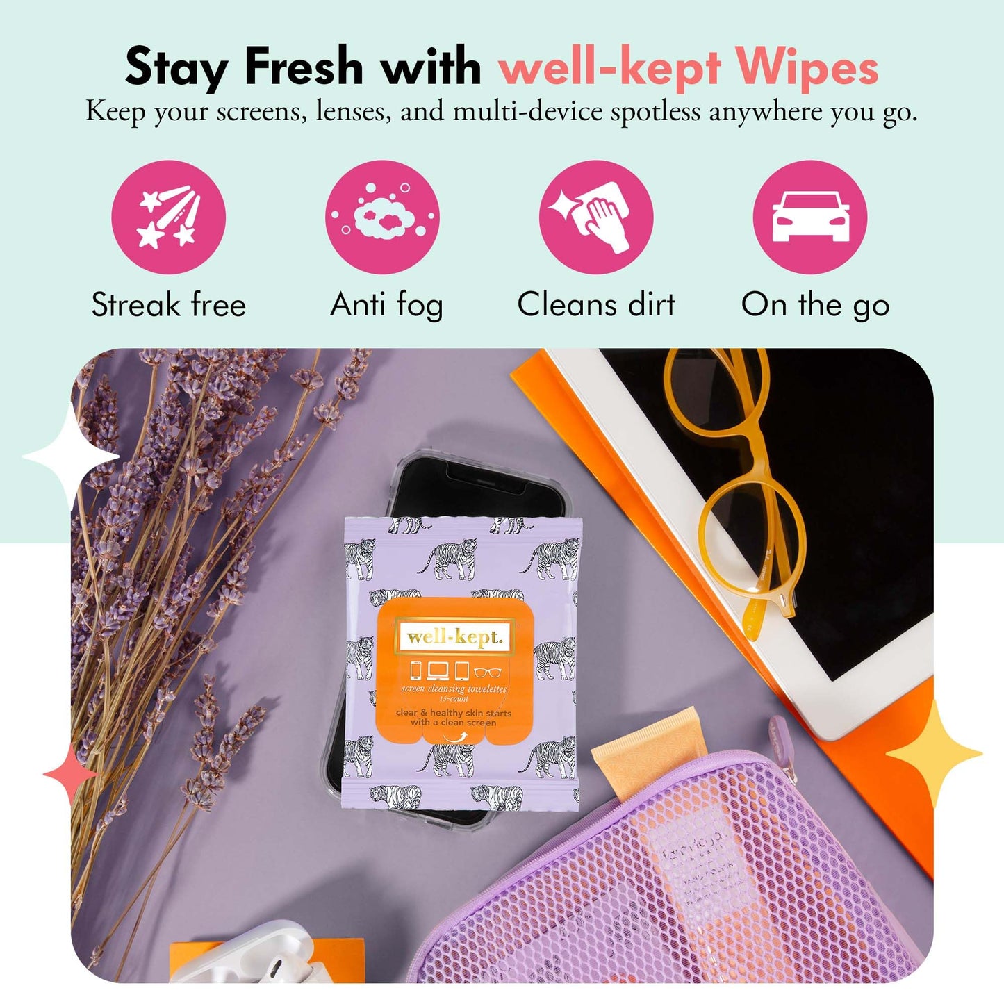 Well-Kept Tech & Lens Wipes - 12 Pack (180 Count) | Eyeglasses, Screens & Phones | Tiger Pose