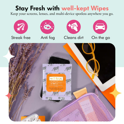 Well-Kept Tech & Lens Wipes - 12 Pack (180 Count) | Eyeglasses, Screens & Phones | Tiger Pose