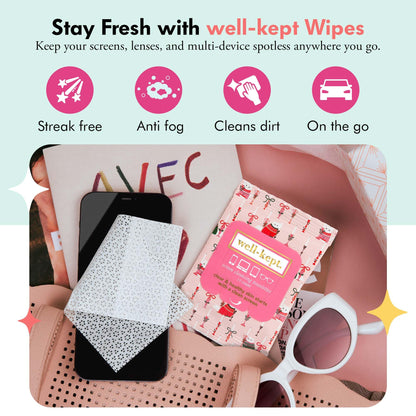 Well-Kept Tech & Lens Wipes - 6 Pack (90 Count) | Eyeglass, Screen & Phone Cleaning | Choupette