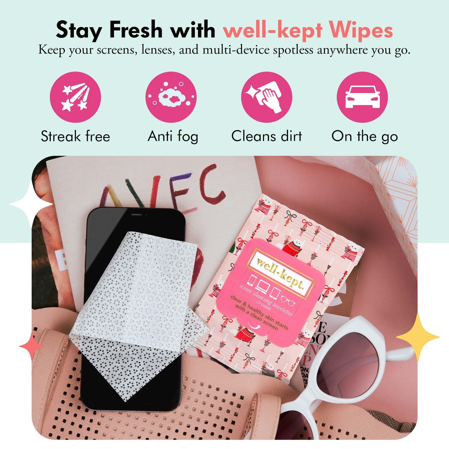 Well-Kept Tech & Lens Wipes - Eyeglass, Screen & Phone Cleaning (12 Pack, 180 Wipes) | Choupette