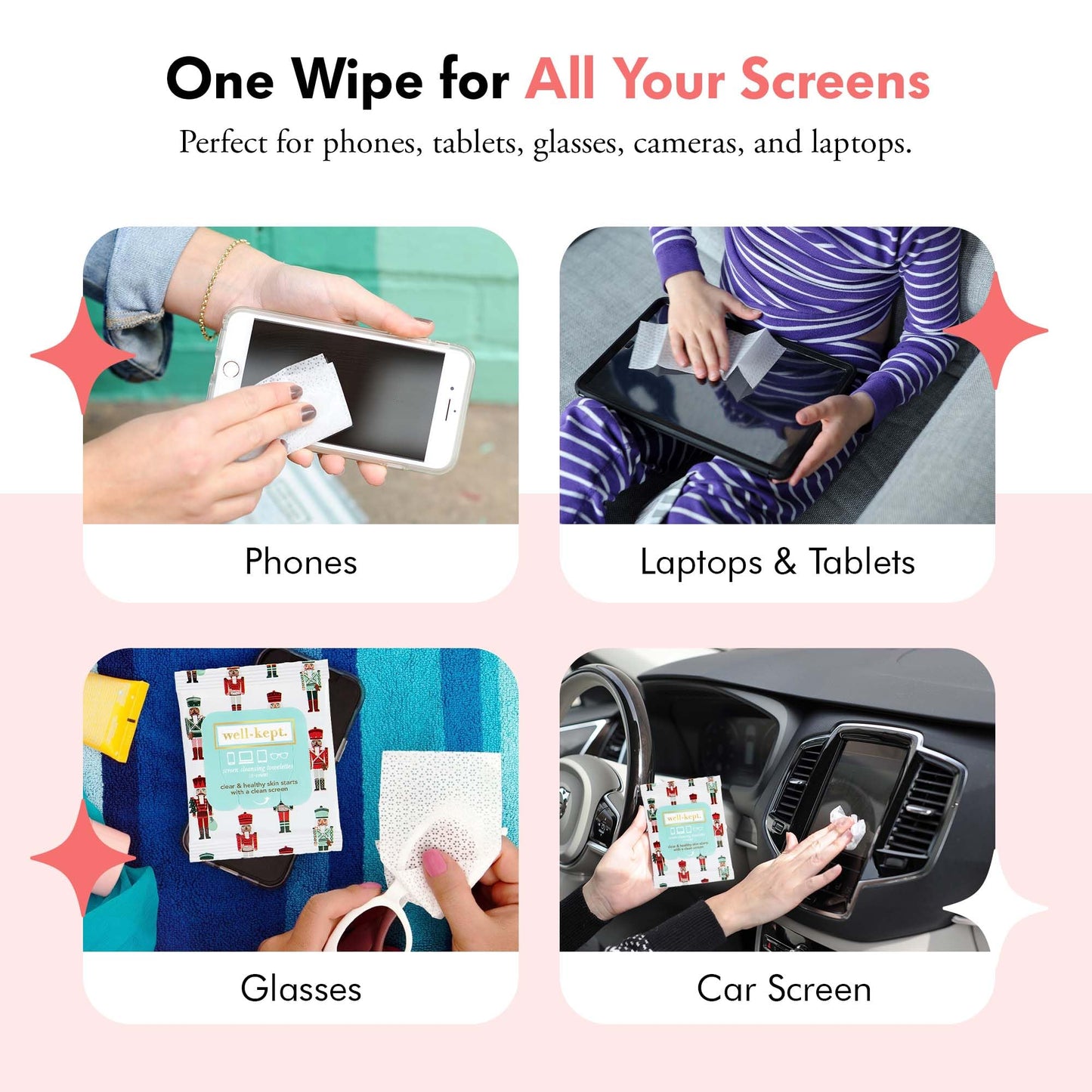 Well-Kept Tech & Lens Wipes – Eyeglass, Screen & Phone Cleaning (Nutcracker 6 Pack, 90 Count)