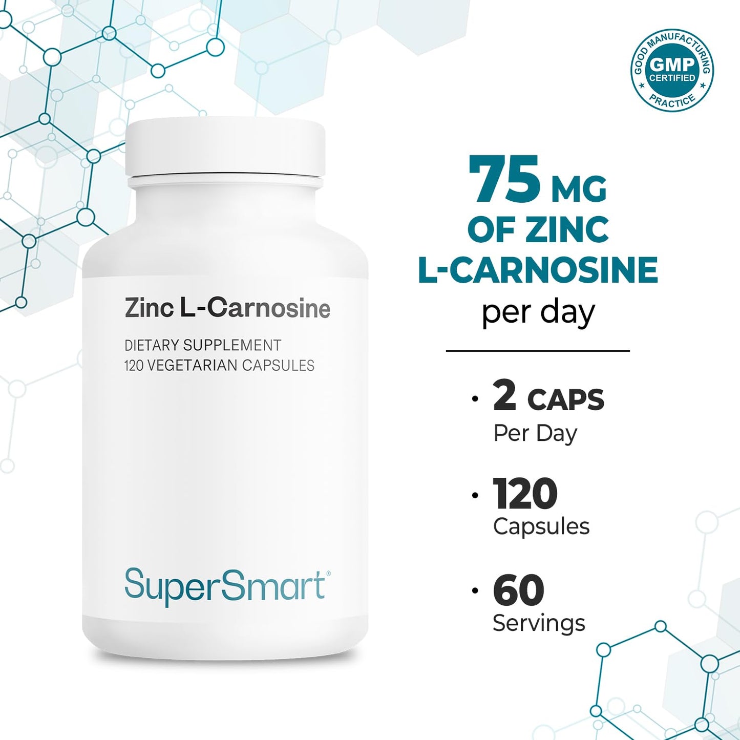 SuperSmart - Zinc L-Carnosine 75mg per Day (Well-Tolerated) - Zinc Carnosine Supplement | Non-GMO & Gluten Free - 120 Vegetarian Capsules