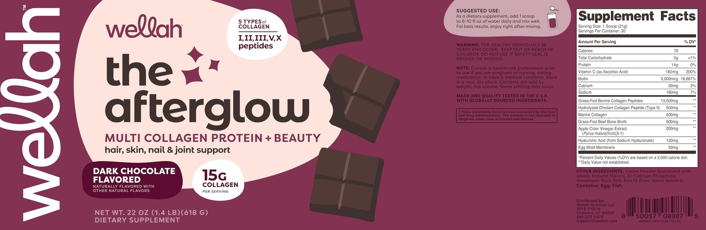 Wellah The Afterglow Multi Collagen Protein + Beauty (Dark Chocolate Flavored) 30 Servings