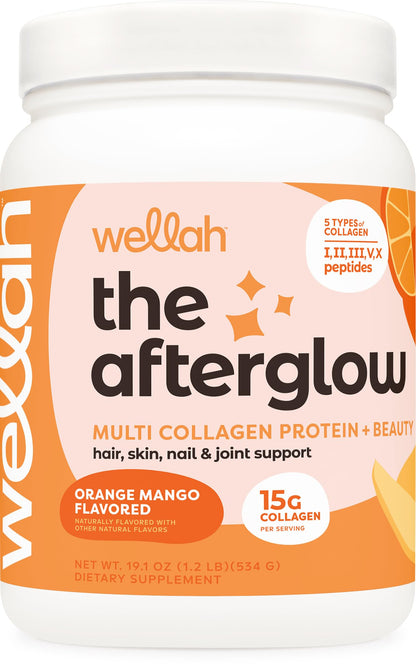 Wellah The Afterglow Multi Collagen Protein + Beauty – 30 Servings (Orange Mango) – Hair, Skin, Nails & Joints | Non-GMO, Gluten Free