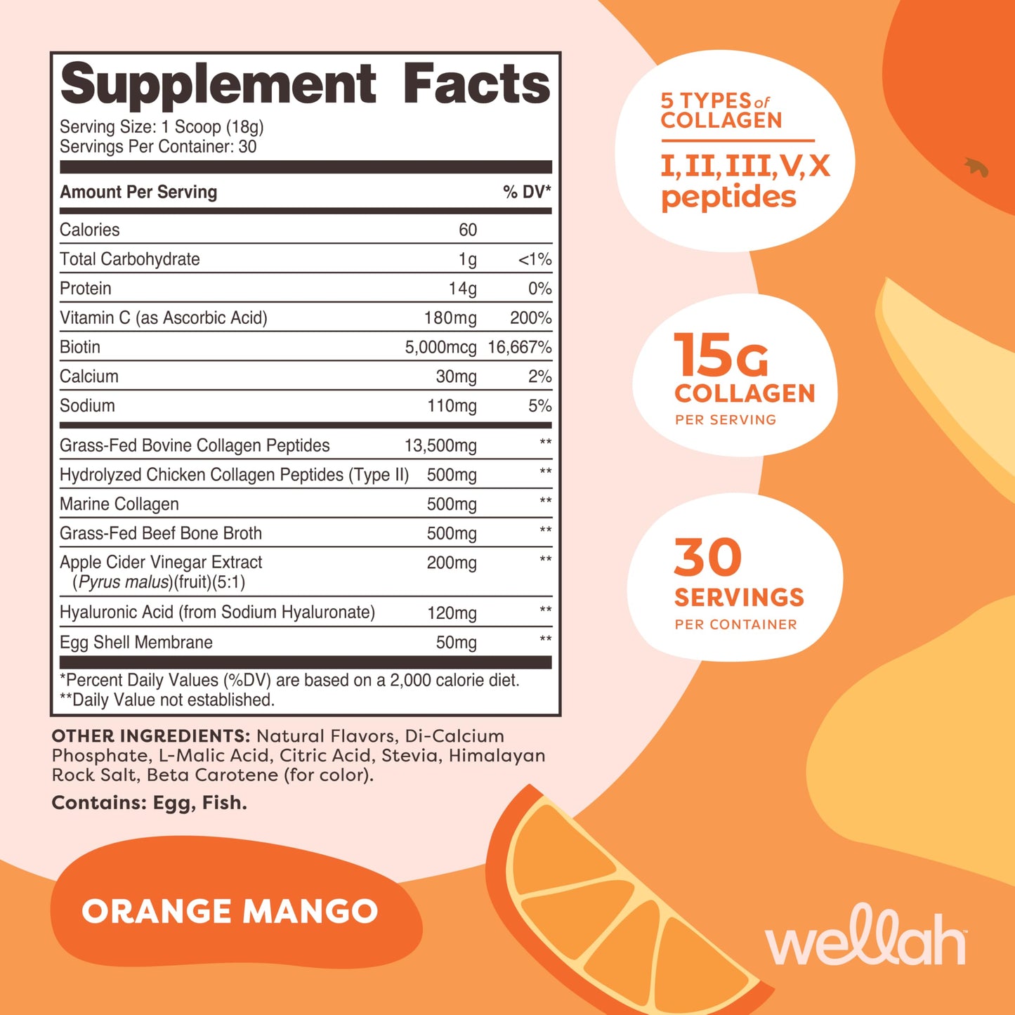 Wellah The Afterglow Multi Collagen Protein + Beauty – 30 Servings (Orange Mango) – Hair, Skin, Nails & Joints | Non-GMO, Gluten Free