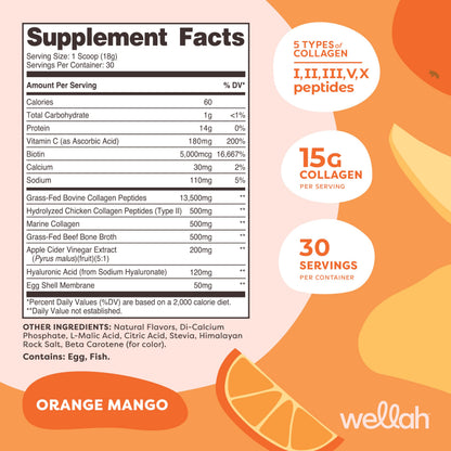 Wellah The Afterglow Multi Collagen Protein + Beauty – 30 Servings (Orange Mango) – Hair, Skin, Nails & Joints | Non-GMO, Gluten Free