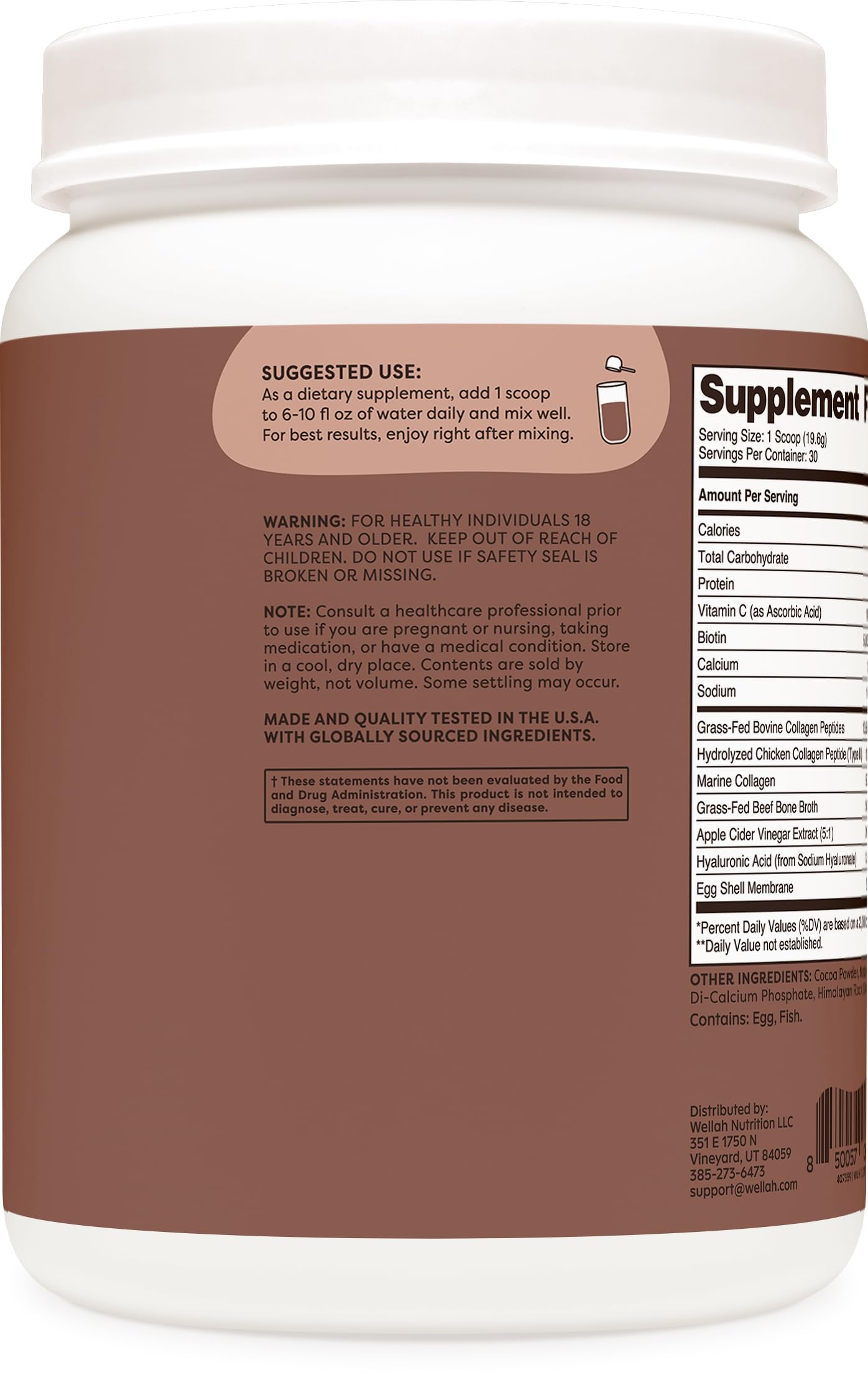 Wellah The Afterglow Multi Collagen Protein + Beauty – Chocolate, 30 Servings | Hair, Skin & Joints