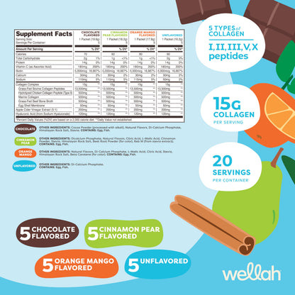 Wellah The Afterglow Multi Collagen Protein + Beauty (Variety Pack) 20 Stickpacks - 15G Collagen Complex Per Serving