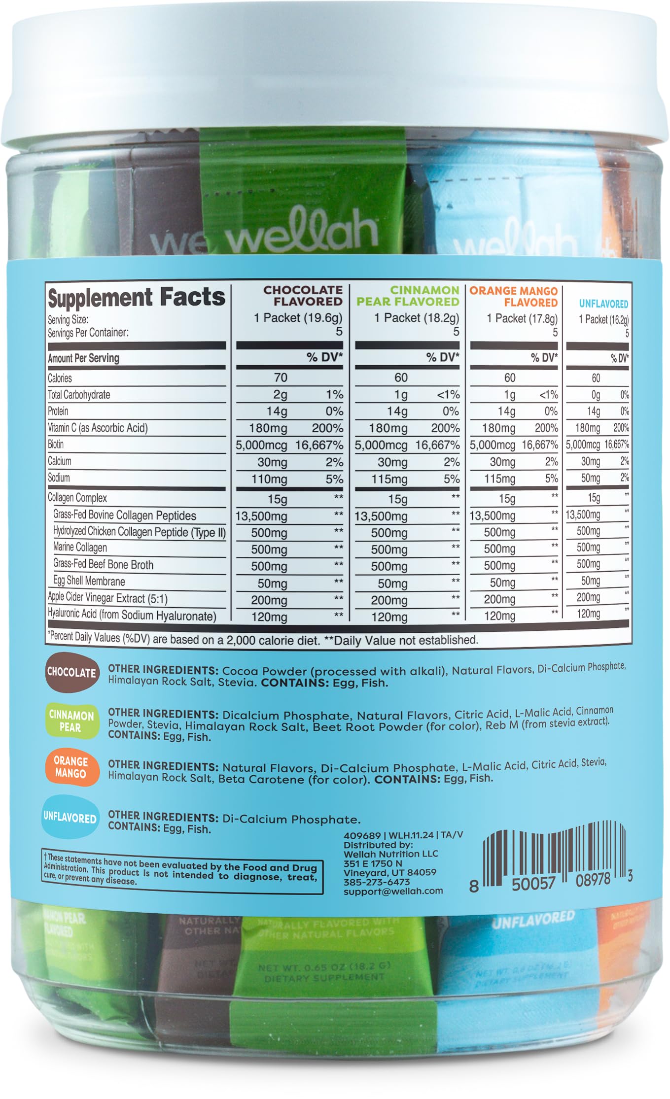 Wellah The Afterglow Multi Collagen Protein + Beauty (Variety Pack) 20 Stickpacks - 15G Collagen Complex Per Serving