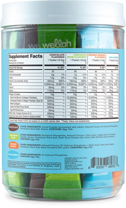 Wellah The Afterglow Multi Collagen Protein + Beauty (Variety Pack) 20 Stickpacks - 15G Collagen Complex Per Serving