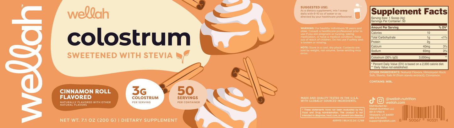 Wellah Colostrum Cinnamon Roll – 50 Servings, 3g/Serving, Stevia-Sweetened