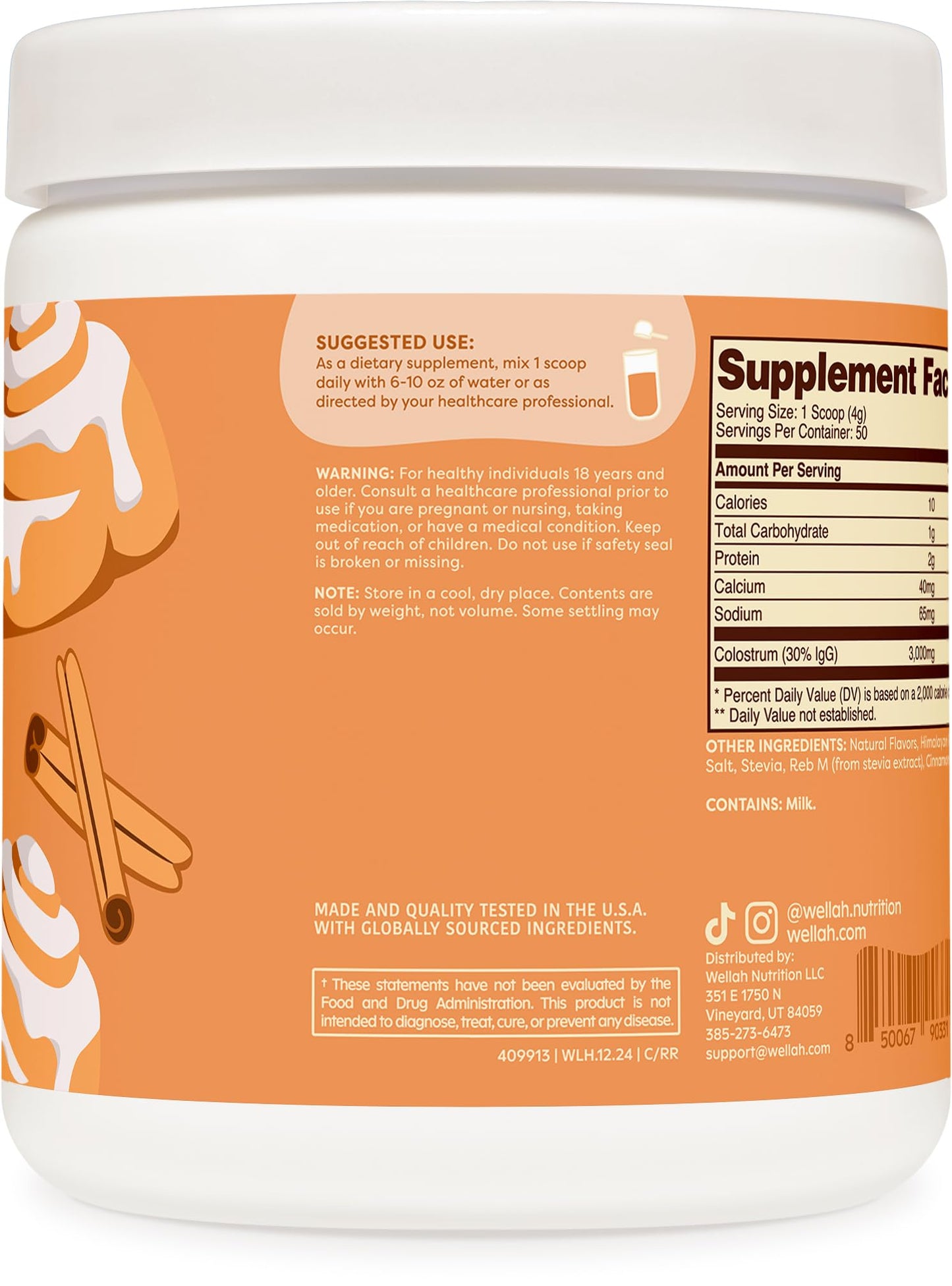 Wellah Colostrum Cinnamon Roll – 50 Servings, 3g/Serving, Stevia-Sweetened