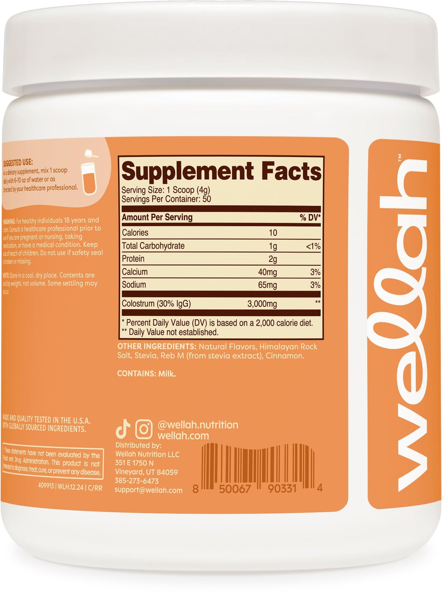 Wellah Colostrum Cinnamon Roll – 50 Servings, 3g/Serving, Stevia-Sweetened