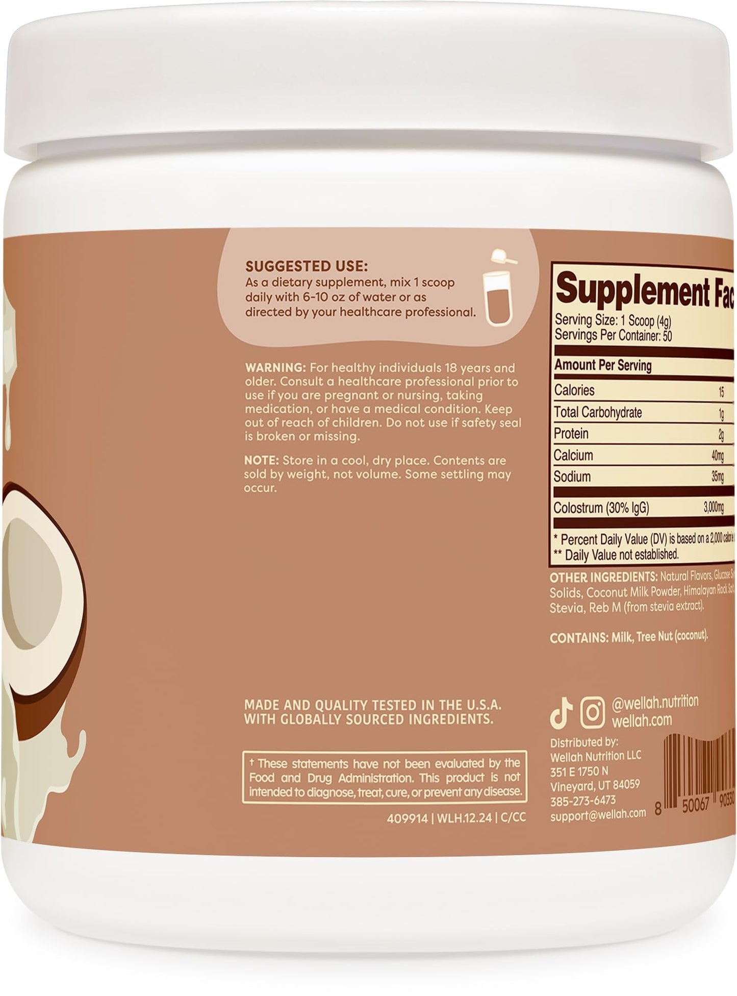 Wellah Colostrum Coconut Cream – 50 Servings, 3g Per Serving, Stevia-Sweetened