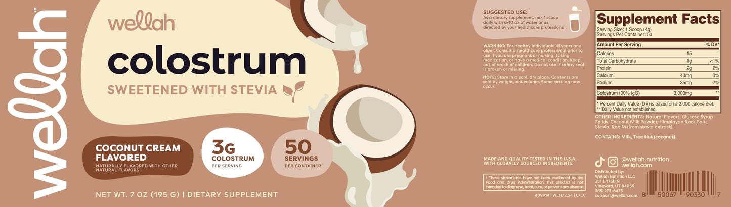 Wellah Colostrum Coconut Cream – 50 Servings, 3g Per Serving, Stevia-Sweetened