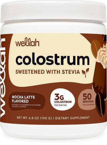 Wellah Colostrum Mocha Latte - 50 Servings, 3g Per Serving, Stevia-Sweetened