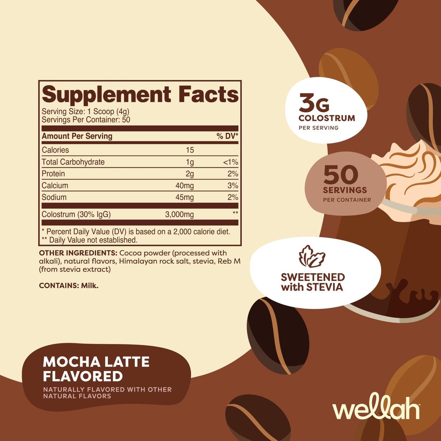 Wellah Colostrum Mocha Latte - 50 Servings, 3g Per Serving, Stevia-Sweetened